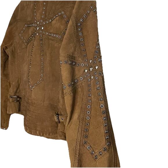 Vintage Cripple Creek Studded Suede Leather Jacket Cross Design Brown Size Small - Picture 6 of 9